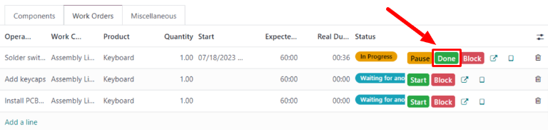 生产订单上某个操作的完成按钮。