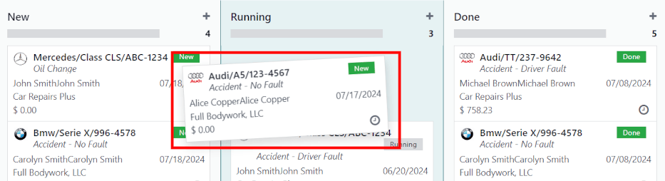 阶段的看板视图，其中一张卡片被拖放至运行阶段。