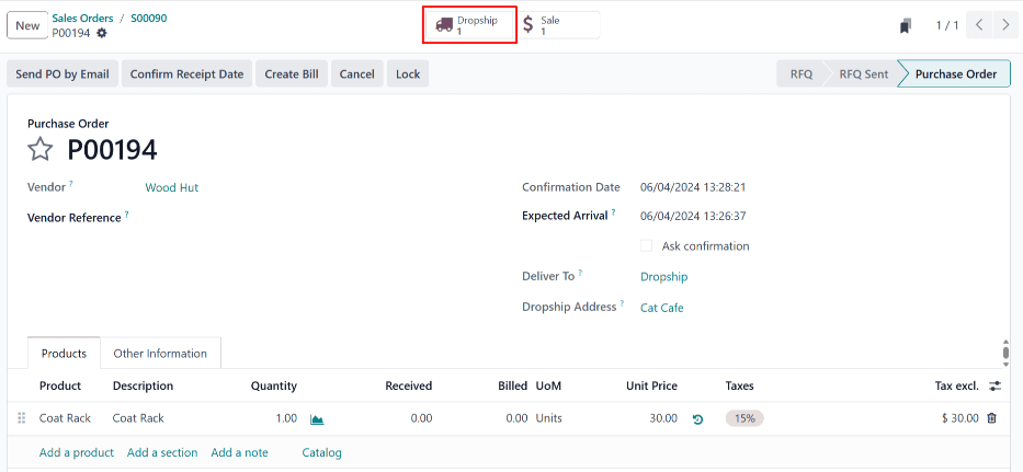 右上角有“收货”智能按钮的代发采购订单。