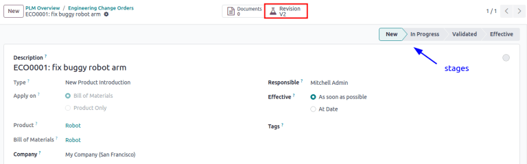 ECO 在右上角显示阶段概览，以及 *修订* 智能按钮。