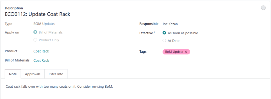 为更新衣帽架产品的物料清单（BoM）而创建的ECO。