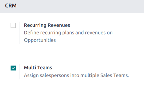 启用了多团队设置的CRM应用程序的设置页面。