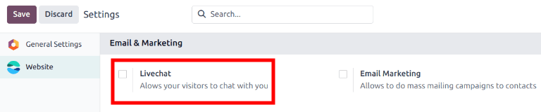 Odoo 实时聊天的设置页面和实时聊天功能视图。