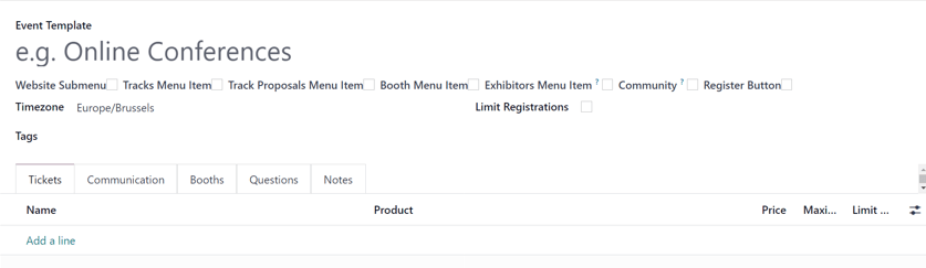 Odoo 活动应用中的一个标准活动模板表单。