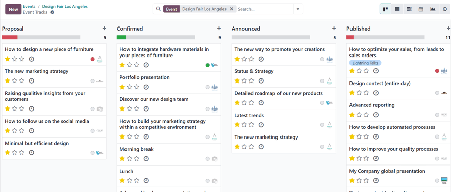 Odoo 活动应用程序中某个活动的典型事件轨迹页面。