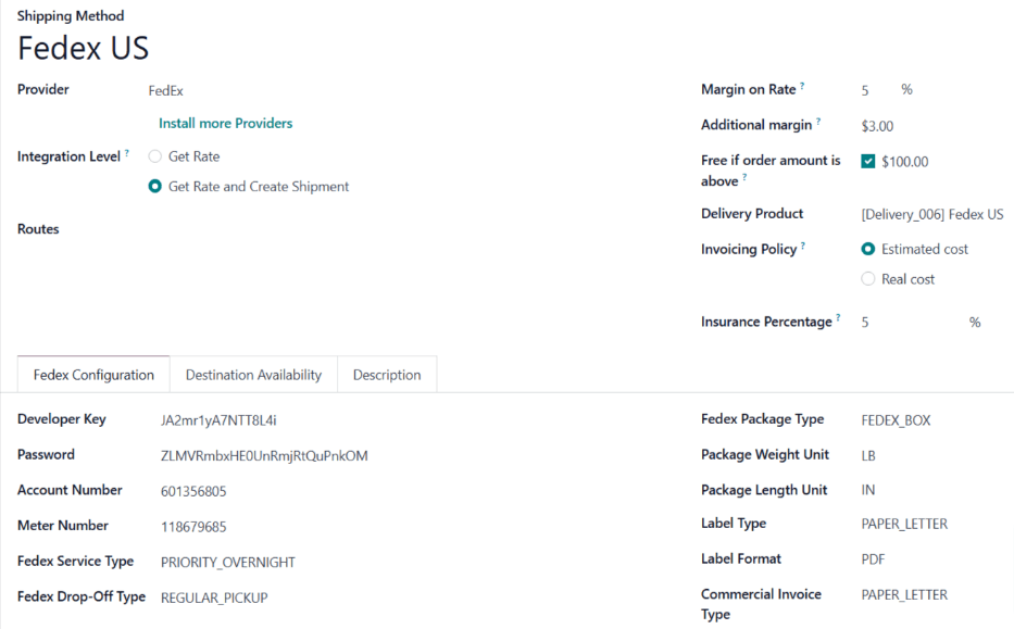 FedEx 运输方式的表单。
