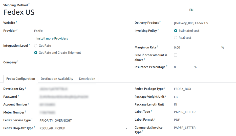FedEx 运输方式的截图。