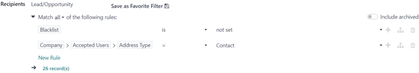 在Odoo电子邮件营销中，可以自定义收件人过滤器的视图。
