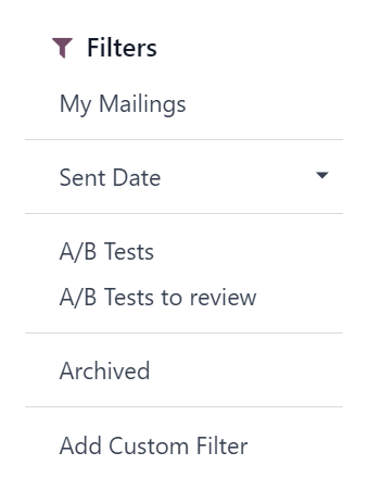 在Odoo电子邮件营销仪表板上查看筛选器下拉菜单选项。