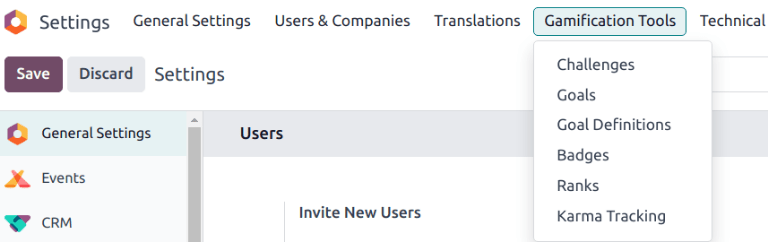 查看 Odoo 设置中的游戏化工具菜单。