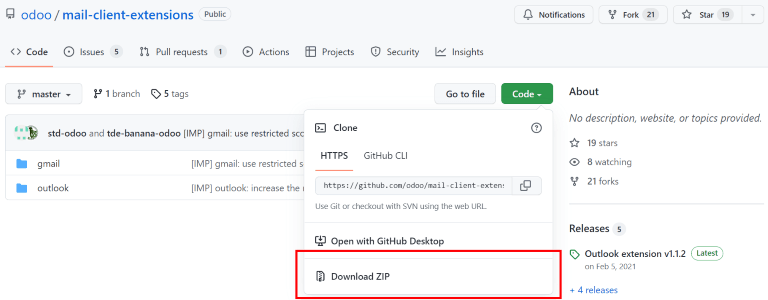 从Odoo GitHub存储库下载邮件插件的ZIP文件。