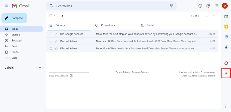 Gmail收件箱侧边栏上的加号图标。