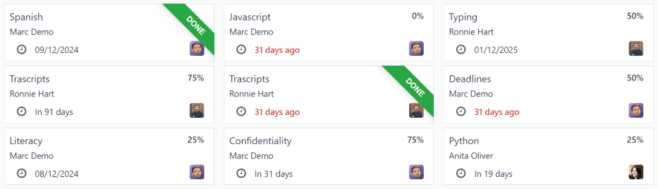 目标看板视图，包含九张目标卡片。