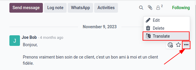 Google Translate 存在于 Odoo 数据库的 chatter 中。