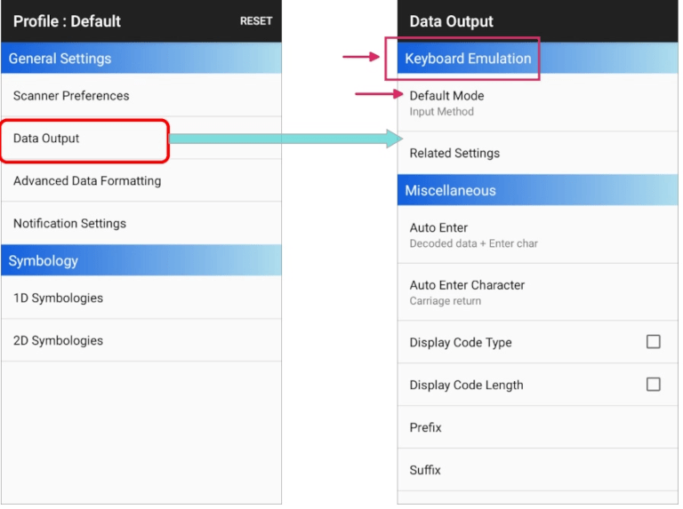Cipherlab 扫描仪数据输出设置页面。