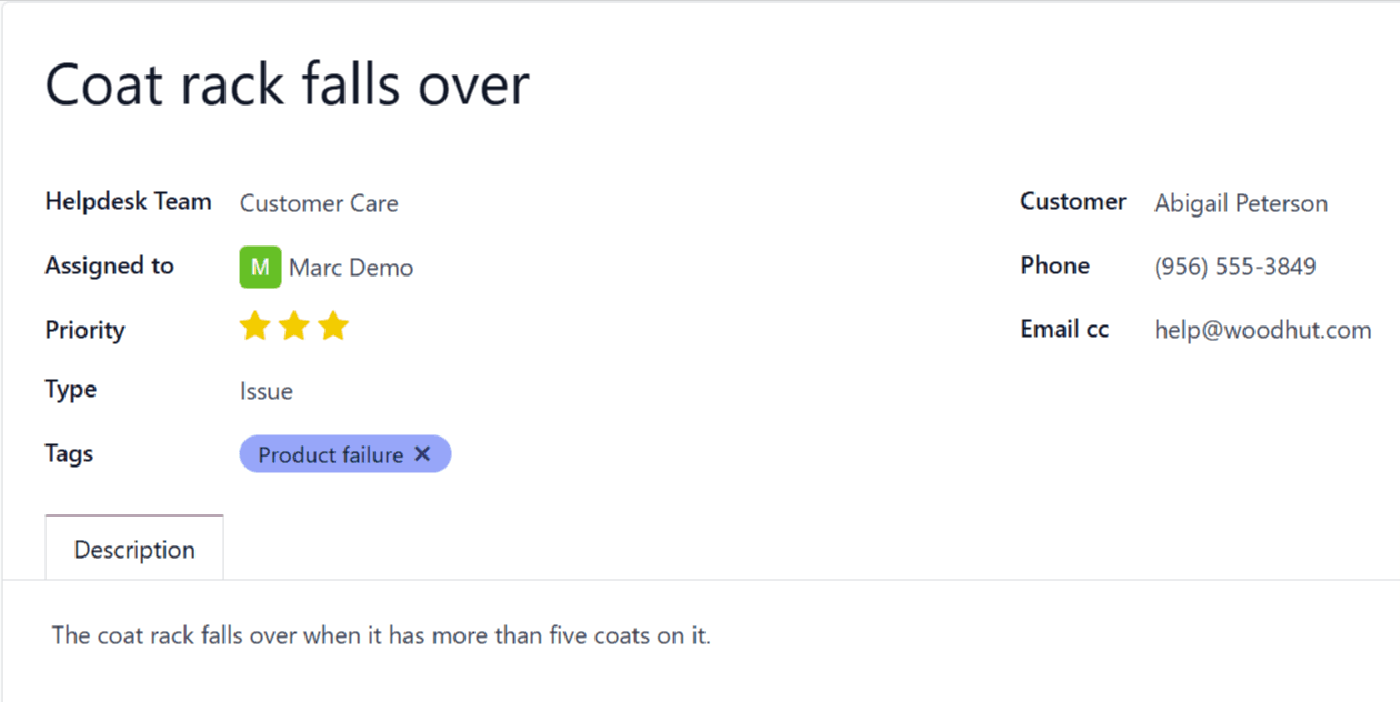 关于衣帽架产品问题的 Helpdesk 工单。