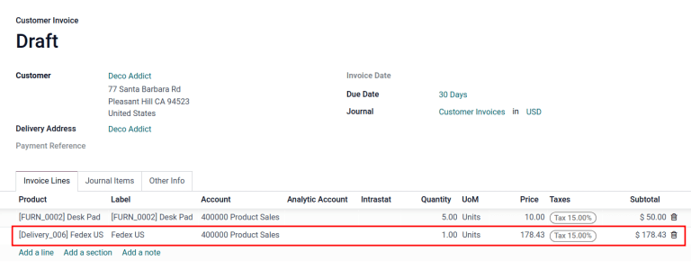 在发票行中显示交付产品。