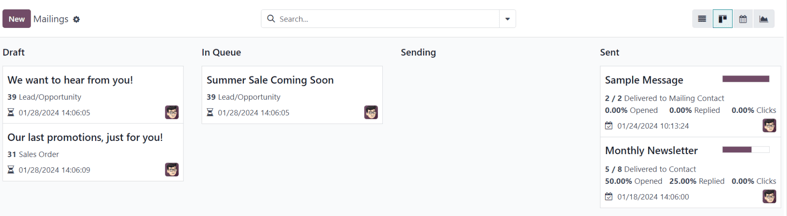 Odoo电子邮件营销应用程序的主仪表板视图。