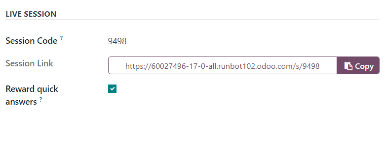 Odoo Surveys 中调查表单选项标签页的实时会话部分。