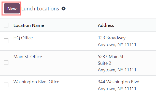 地点列表视图，突出显示新建按钮。