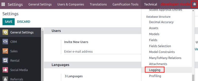 展示如何从 "Technical" 菜单中找到 "Logging" 选项。