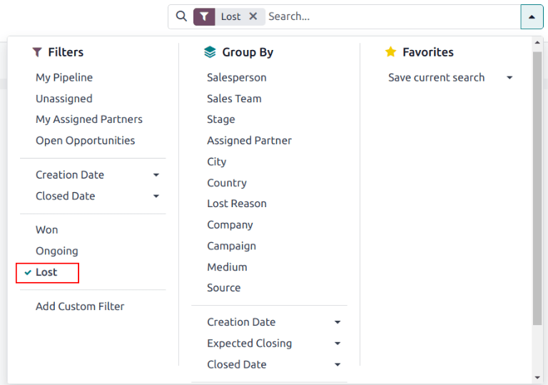 搜索栏中突出显示的丢失筛选器。