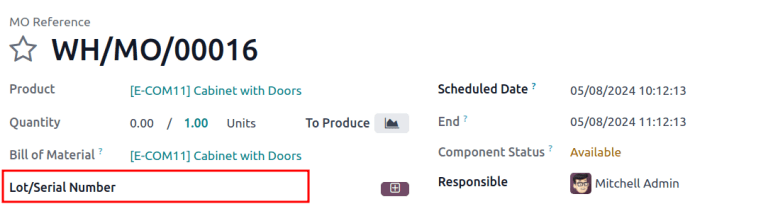 "批次/序列号" 字段在 MO 上。