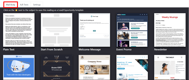 查看 Odoo 电子邮件营销应用程序中的设置页面。