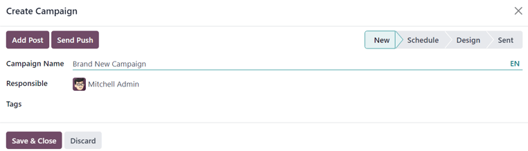 在Odoo邮件营销应用程序中查看电子邮件邮件活动弹出窗口。