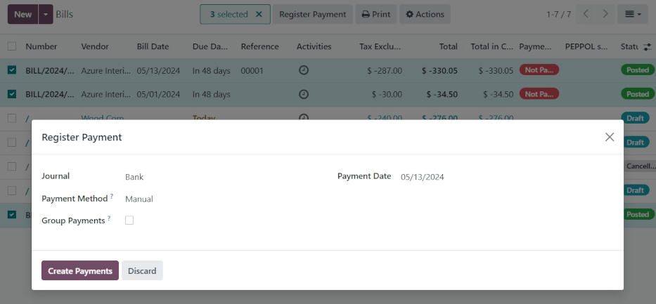 批量开票登记付款弹出窗口。