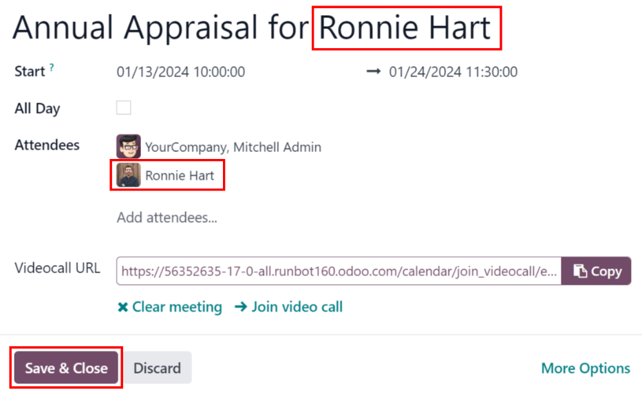 会议表格中已输入了Ronnie Hart年度评估的所有信息。