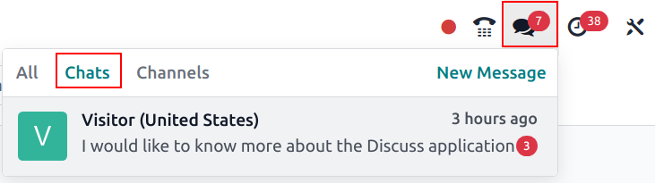 在 Odoo 菜单栏中强调对话图标的视图。
