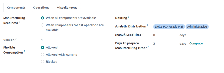 显示 BoM 的 *杂项* 选项卡。