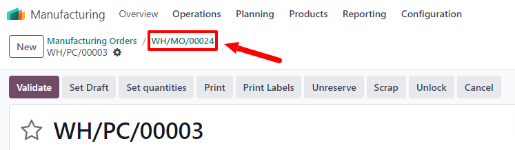 制造订单面包屑在领料组件转移上。