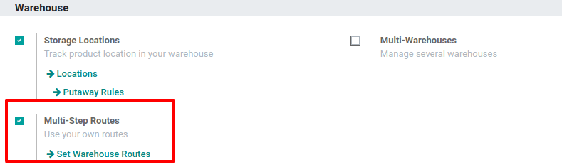 在Odoo库存中启用多步路线功能。