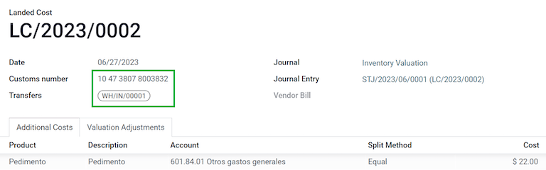 落地成本库存记录上的海关编号。