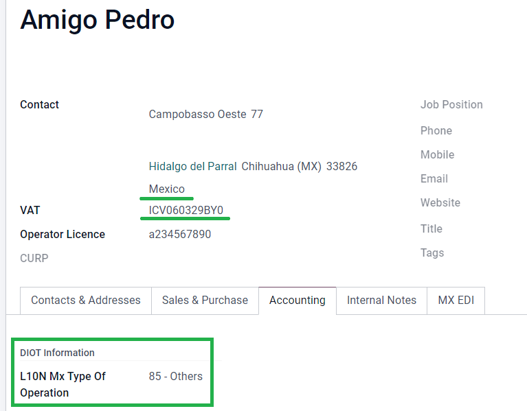 供应商联系人的 DIOT 信息。