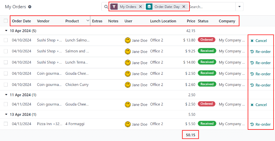 导航到“我的订单”仪表板时显示的列表视图。