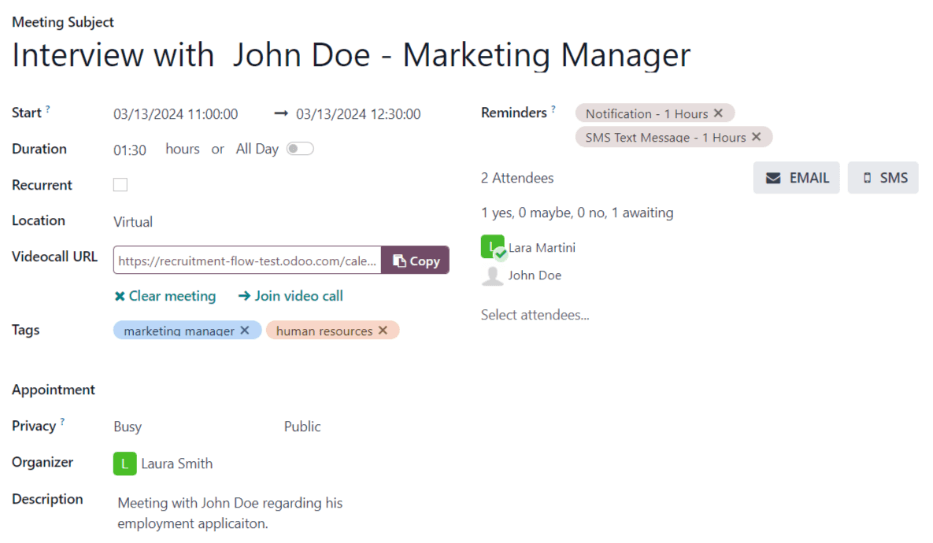 一张新的会议卡片，所有详细信息已填充，准备保存。