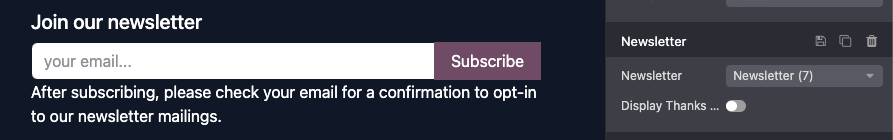 Odoo 网站页脚的 Newsletter 注册表单。