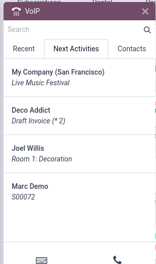 VoIP 小部件，突出显示接下来的活动，下方显示任务。