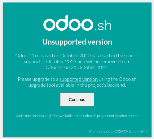 Odoo.sh 上的 "不受支持的版本" 弹出窗口。