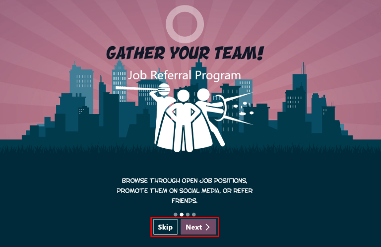 一个引导幻灯片，底部显示跳过和下一步按钮。