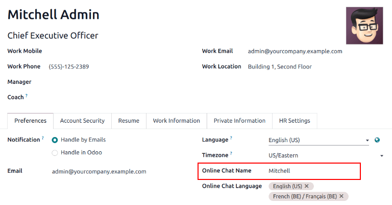 Odoo 用户配置文件，强调在线聊天名称字段的视图。