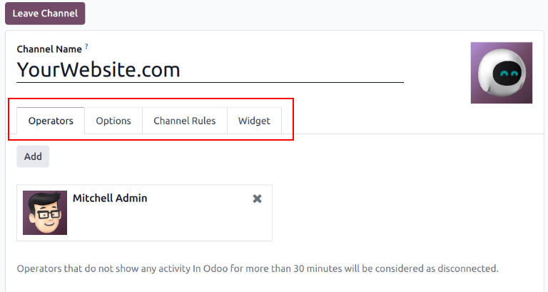 Odoo Live Chat的实时聊天渠道列表视图。