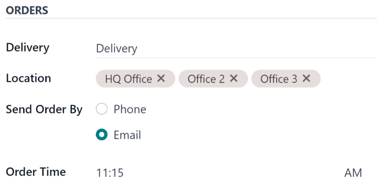供应商表单的订单部分，所有字段均已填写。