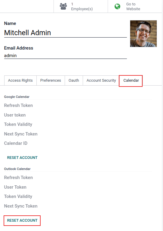 用户日历标签页上高亮显示的复位按钮。