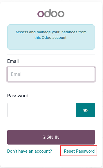 Odoo.com 上的登录界面，突出显示了密码重置选项。