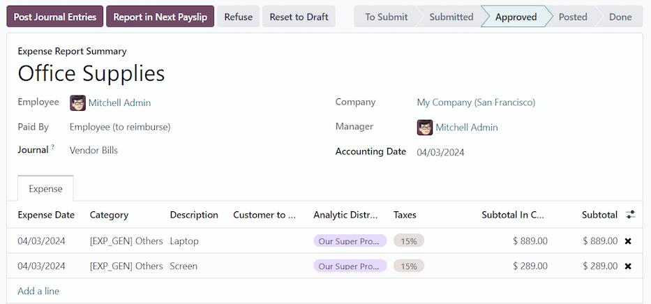 “报告至下月工资单”按钮，在费用报告状态为“已批准”时可见。