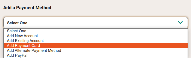 显示下拉菜单中的 "添加支付卡" 选项。